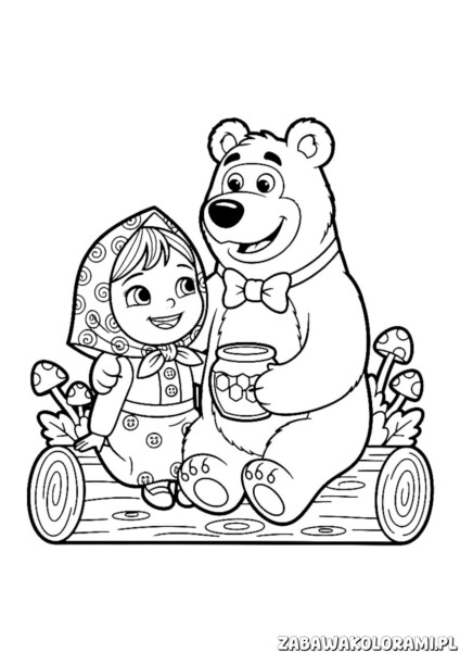 Masza i niedźwiedź kolorowanka dla dzieci z ukochanymi bohaterami na ruchomym kłodzie