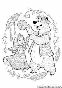 Masza i niedźwiedź kolorowanka dla dzieci - bajkowa scena z postaciami w tradycyjnych strojach rosyjskich.