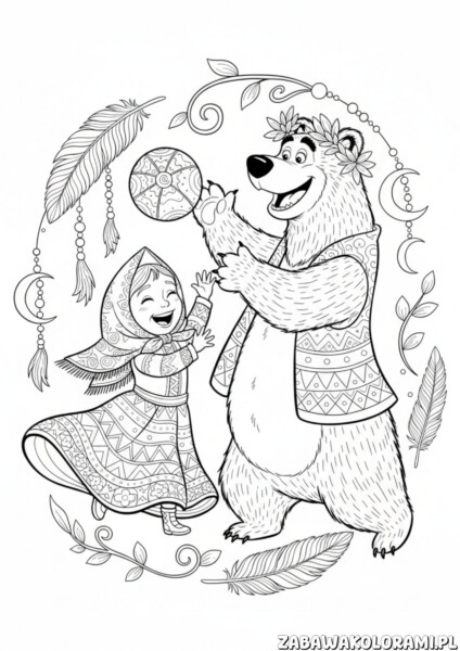 Masza i niedźwiedź kolorowanka dla dzieci - bajkowa scena z postaciami w tradycyjnych strojach rosyjskich.