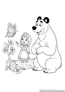 Masza i niedźwiedź kolorowanka z motylkiem dla dzieci – Masha wskazuje motylka, a niedźwiedź się uśmiecha.