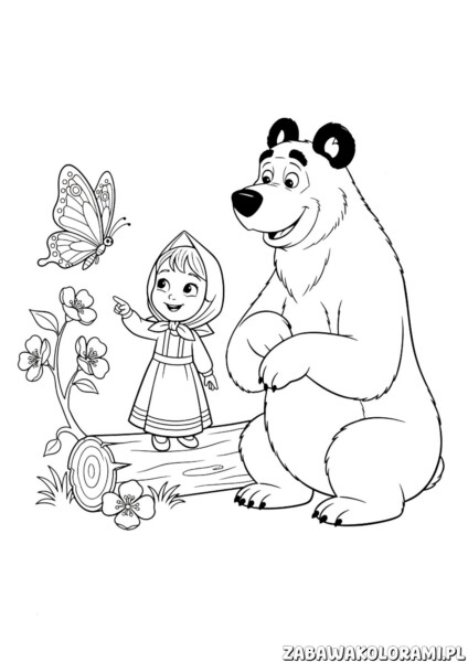 Masza i niedźwiedź kolorowanka z motylkiem dla dzieci – Masha wskazuje motylka, a niedźwiedź się uśmiecha.