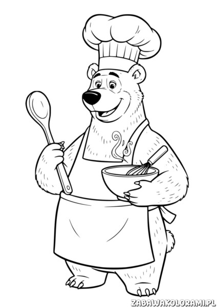 Niedziewiedz Kolorowanka przedstawia radośnego misia kucharza z drewnianą łyżką i miską