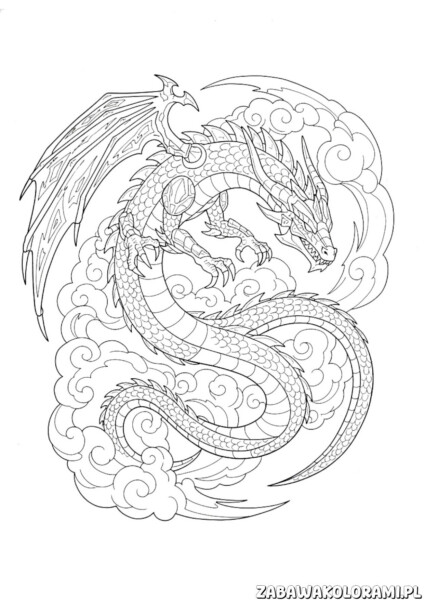 Smok Kolorowanki Ninjago – wijący się smok z chmurami w tle