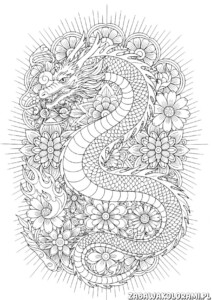 Smok Kolorowanka Ninjago z motywem legendarnych stworzeń i elementami flory wokół smoka