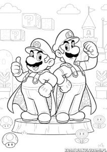 Super Mario Kolorowanka z rysunkami Marii i Luigiego oraz elementami z ich świata, np. grzybami i zamkiem.