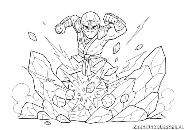 Ziemia Kolorowanki Ninjago ninja w mocnym ciose rozbijającym skałę.