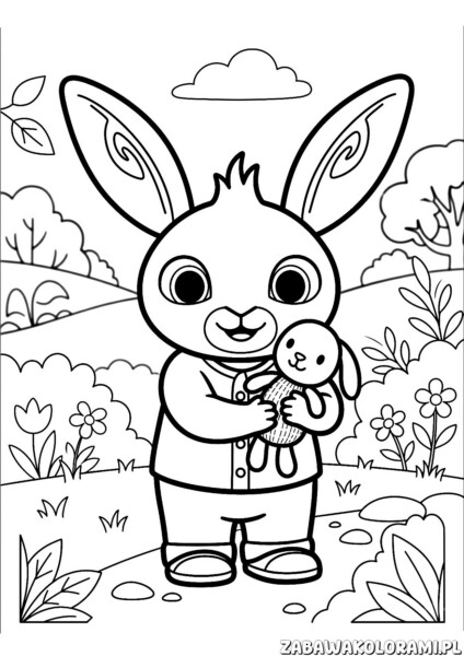 bing kolorowanka z królikiem trzymającym pluszaka w otoczeniu kwiatów i chmur