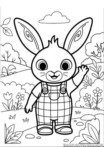 Kolorowanka bing z królikiem w ogrodzie, z kwiatami i chmurkami w tle