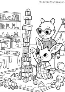 Kolorowanka bing dla dzieci z królikiem w okularach, blokami do układania i zabawkami na tle regału z książkami.