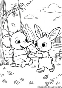 Kolorowanka bing do druku z dwojgiem postaci na placu zabaw z huśtawki