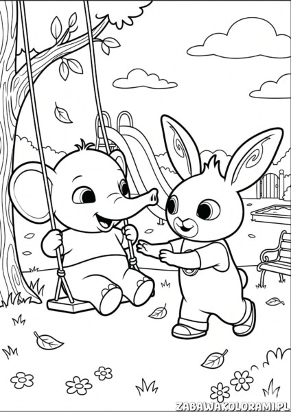 Kolorowanka bing do druku z dwojgiem postaci na placu zabaw z huśtawki