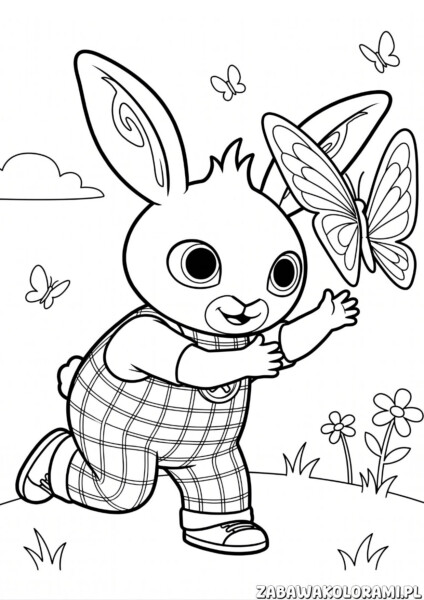 kolorowanki bing – króliczek Bing w szachownicach i motylki w tle