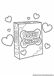 Ciasteczka kolorowanka scooby doo z pudełkiem Scooby Snacks, sercami i chmurami w tle