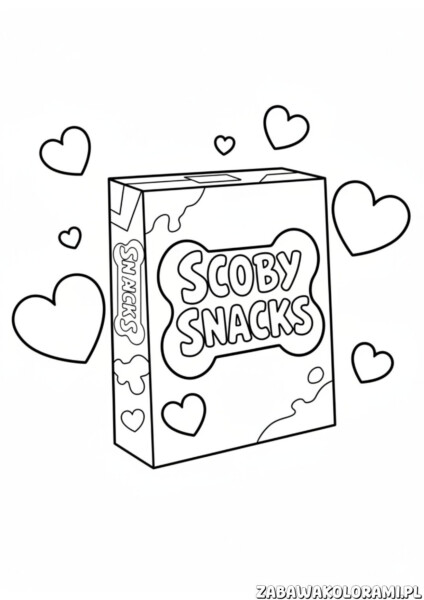 Ciasteczka kolorowanka scooby doo z pudełkiem Scooby Snacks, sercami i chmurami w tle