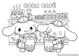 Cinnamoroll Kolorowanki do druku dla dzieci z sympatycznym Cinnamorollem w zabawnej scenie.
