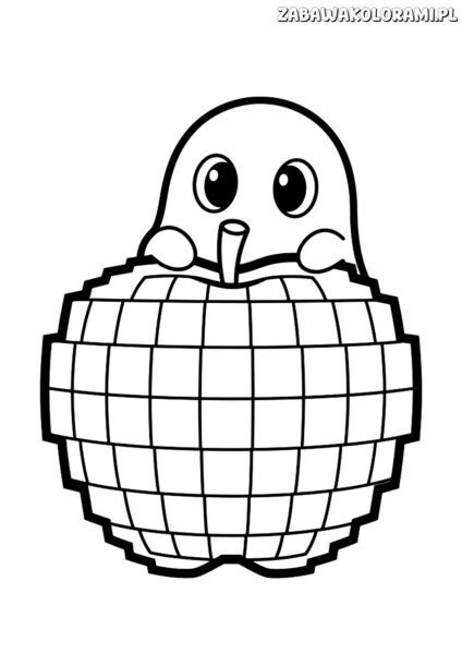 Duszek Kolorowanka Pac-Man – duszek z oczami i uśmiechem w koszyku z siatką