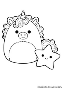 Jednorozec Kolorowanka Squishmallows dla dzieci przedstawia zabawnego kucyka z pluszakiem Squishmallows