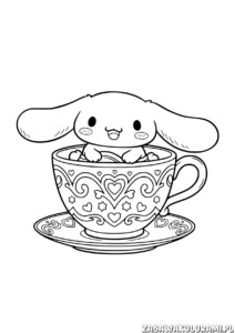 Kolorowanka Cinnamoroll do wydruku przedstawia urocze szczenię z kokardą