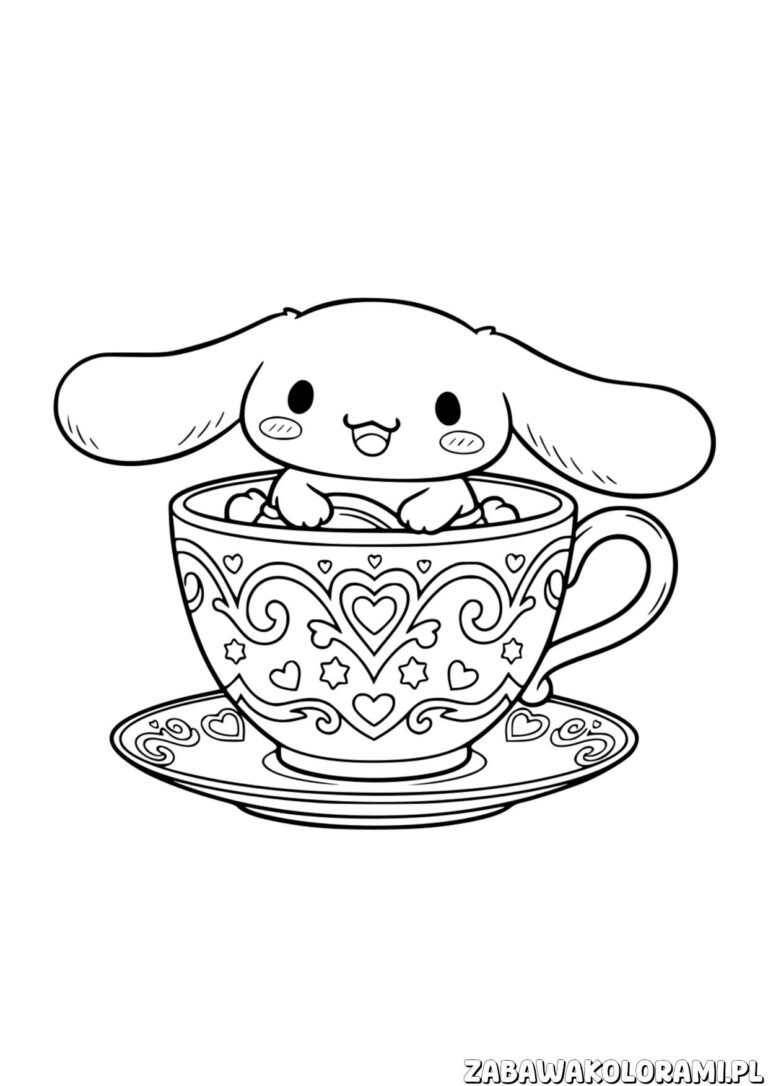 Kolorowanka Cinnamoroll do wydruku przedstawia urocze szczenię z kokardą