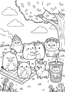 Kolorowanka Squishmallows z uroczymi pluszakami, gotowymi do kolorowania.