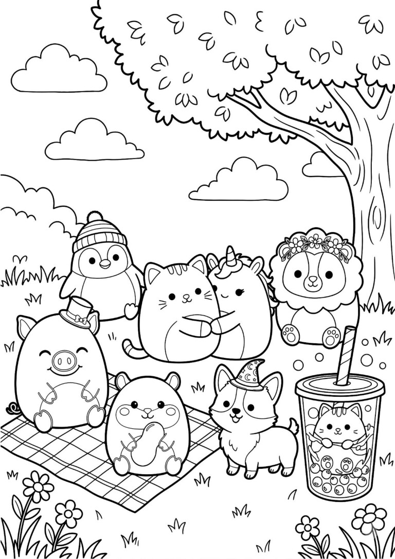 Kolorowanka Squishmallows z uroczymi pluszakami, gotowymi do kolorowania.