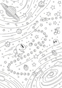 Kolorowanka do druku Pac Man z Kirby i planetami w kosmicznej scenerii z gwiazdami, kometami i truskawkami