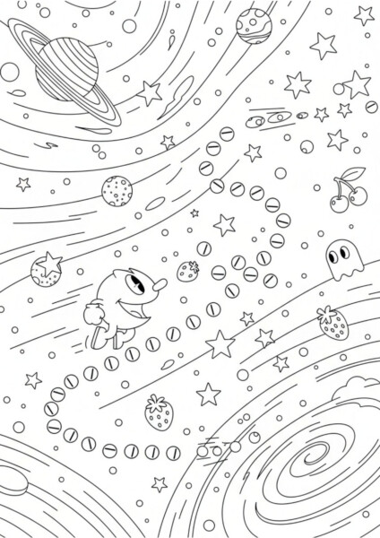 Kolorowanka do druku Pac Man z Kirby i planetami w kosmicznej scenerii z gwiazdami, kometami i truskawkami
