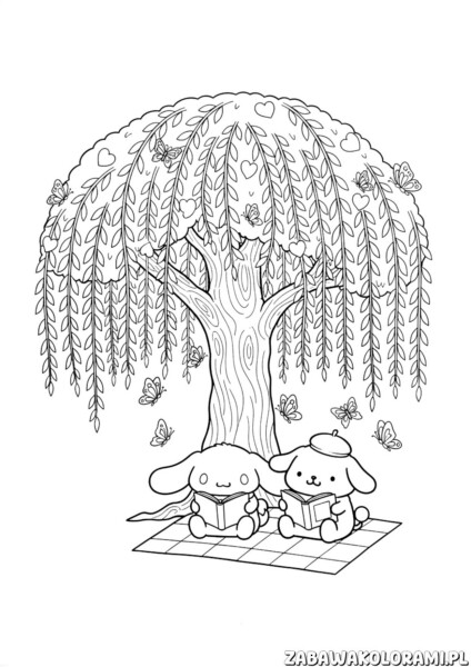 Kolorowanka pochaco i Cinnamoroll z przedstawieniem uśmiechniętych postaci w uroczej scenie