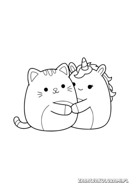 Kot i jednorożec – Kolorowanki Squishmallows do druku przedstawiają uśmiechniętych przyjaciół z serii Squishmallows