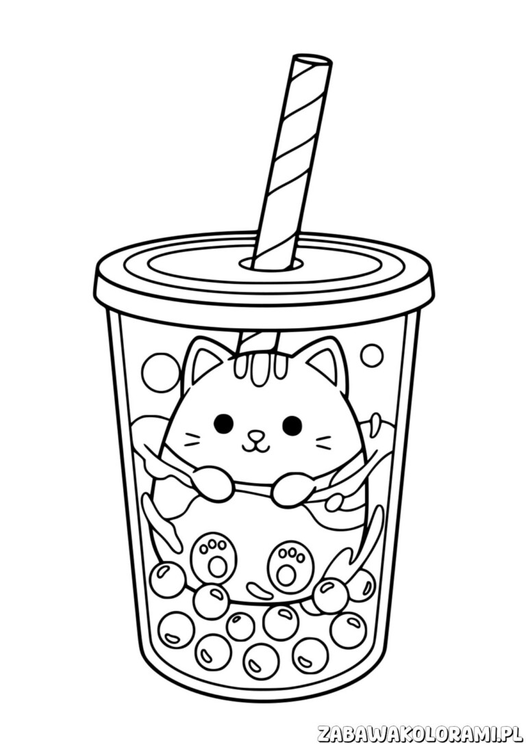 Kotek Kolorowanka Squishmallows dla dzieci – rysunek uśmiechniętego kotka Squishmallows gotowy do kolorowania
