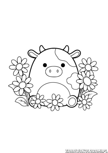 Krowa Squishmallows Kolorowanka do druku – obrazek przedstawia miłą krowę z serii Squishmallows