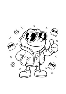 Pac-Man Kolorowanka z postacią w okularach, hoodie z piorunem i kontrolerem w ręce