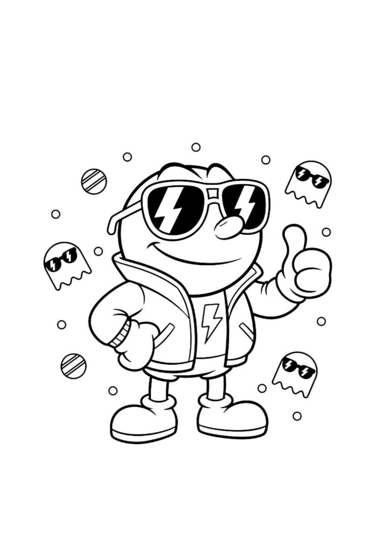Pac-Man Kolorowanka z postacią w okularach, hoodie z piorunem i kontrolerem w ręce