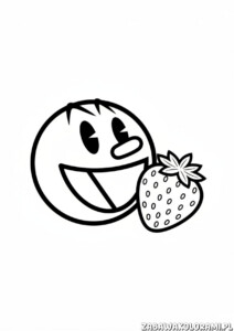 Pac-Man z truskawką kolorowanka z uśmiechniętą postacią owocową i małą truskawką