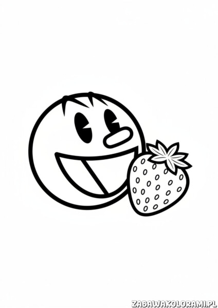 Pac-Man z truskawką kolorowanka z uśmiechniętą postacią owocową i małą truskawką