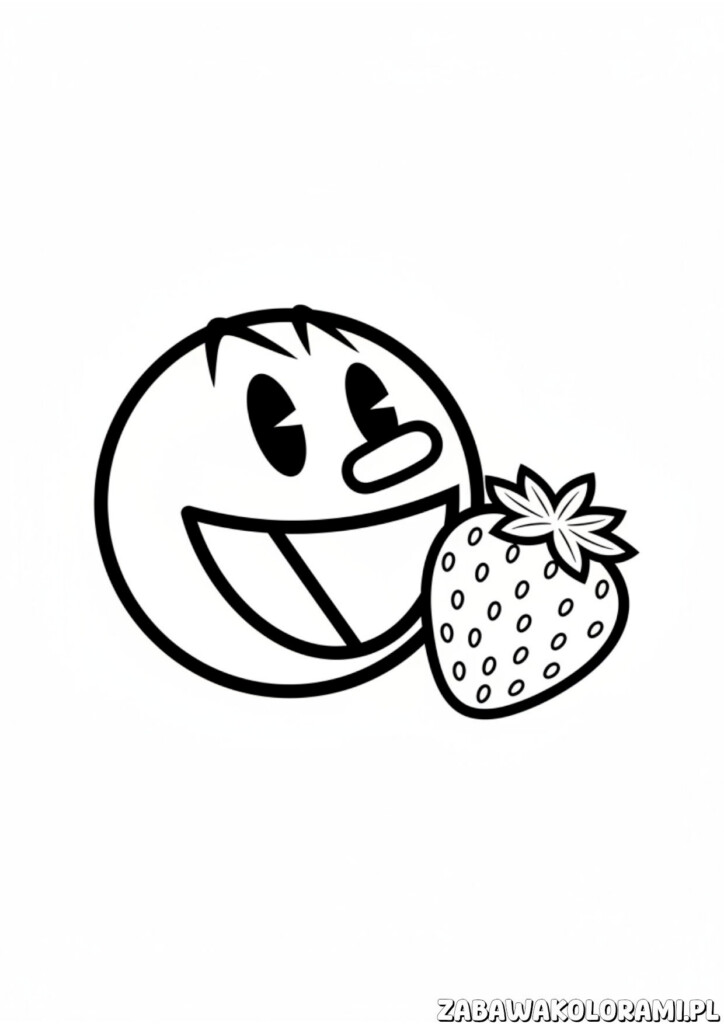 Pac-Man z truskawką kolorowanka z uśmiechniętą postacią owocową i małą truskawką