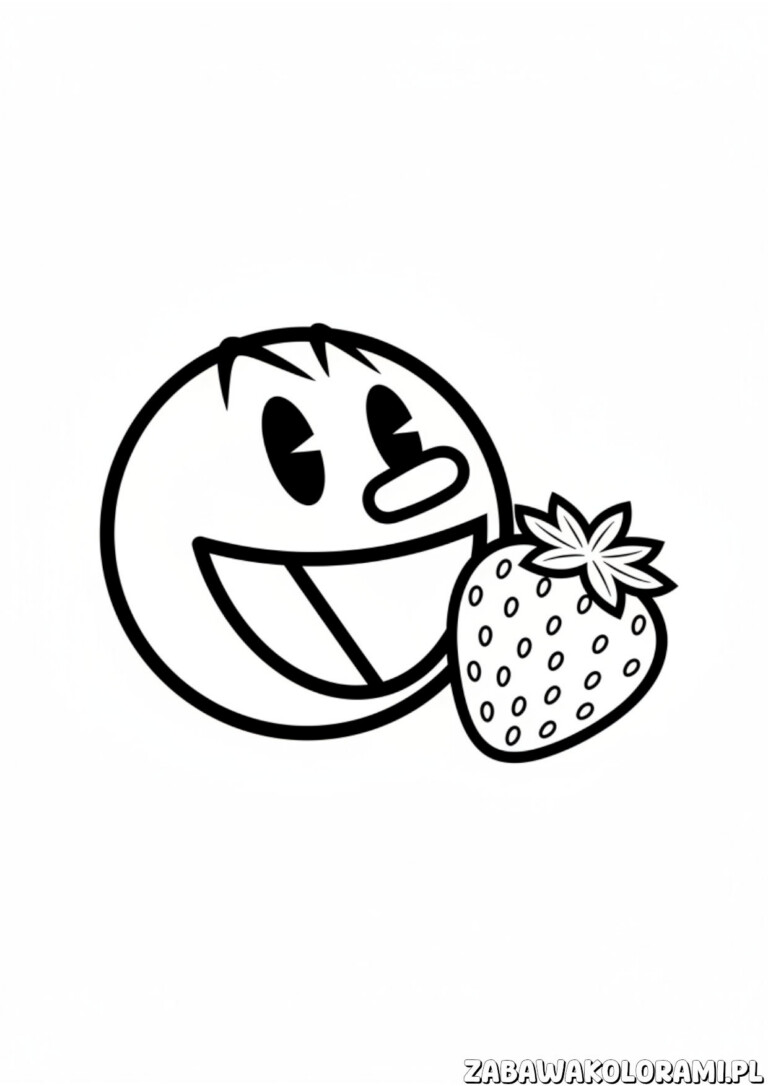 Pac-Man z truskawką kolorowanka z uśmiechniętą postacią owocową i małą truskawką