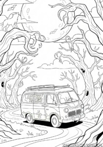 Samochód kolorowanka scooby doo – tajemnicza jazda przez straszny las z Scooby Doo i jego vanem.