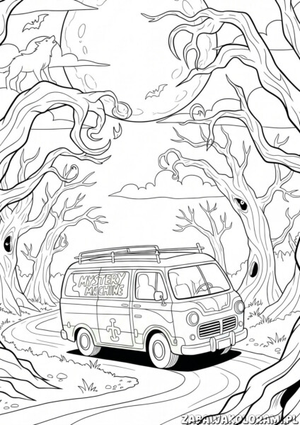 Samochód kolorowanka scooby doo – tajemnicza jazda przez straszny las z Scooby Doo i jego vanem.