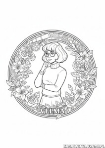 Velma kolorowanka scooby doo z kwiatami, mechanizmami i postacią Velmy z kreskówki Scooby Doo