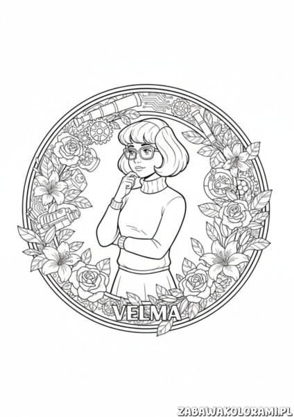 Velma kolorowanka scooby doo z kwiatami, mechanizmami i postacią Velmy z kreskówki Scooby Doo