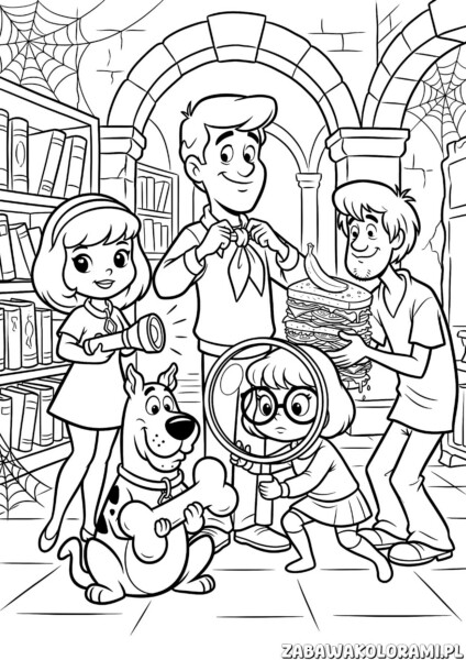 Kolorowanki Scooby Doo z Fredem, Daphne, Velmą, Shaggy i Scooby w tajemniczym pomieszczeniu pełnym książek