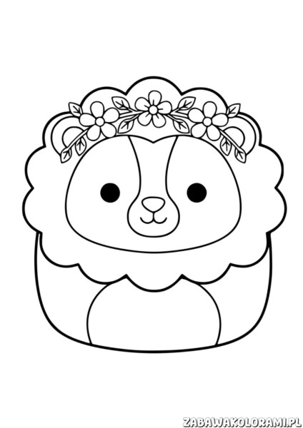Lew Squishmallows Kolorowanka do druku – kolorowanka przedstawiająca uśmiechniętego lwa z serii Squishmallows