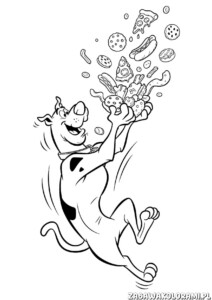Scooby Doo kolorowanka z psem w skoku, wokół którego unoszą się różne przekąski