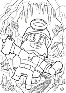 Brawl Stars Kolorowanka przedstawiająca postacie z gry, takie jak Shelly, Colt, Spike i inne podczas dynamicznych scen walki i przygód.