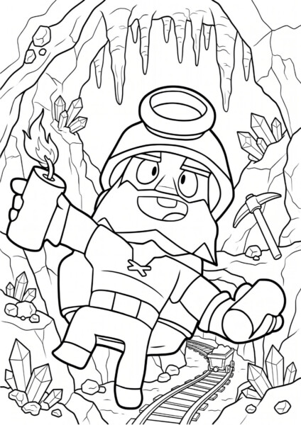 Brawl Stars Kolorowanka przedstawiająca postacie z gry, takie jak Shelly, Colt, Spike i inne podczas dynamicznych scen walki i przygód.
