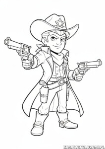 Colt Brawl Stars kolorowanka przedstawiająca postać z gry gotową do akcji z rewolwerami w dłoniach.