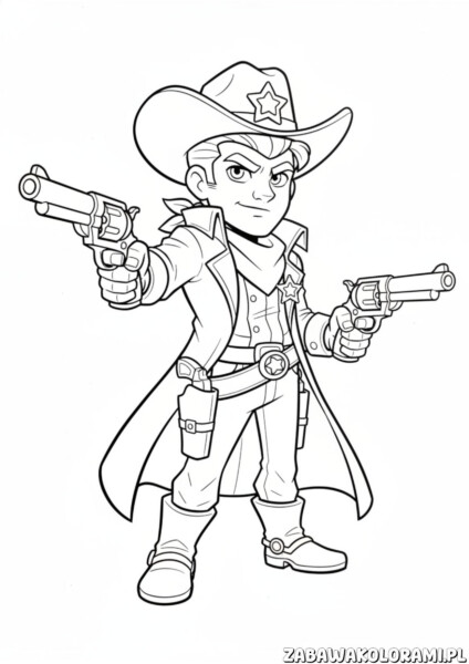 Colt Brawl Stars kolorowanka przedstawiająca postać z gry gotową do akcji z rewolwerami w dłoniach.