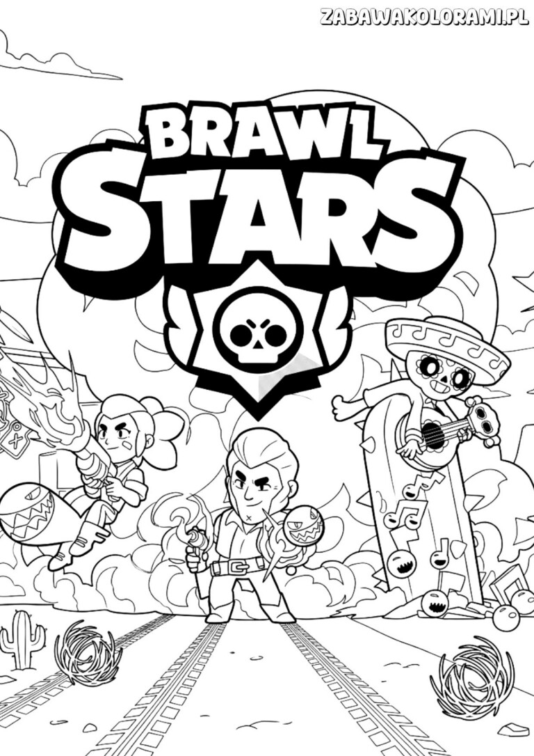 Kolorowanka Brawl Stars przedstawiająca postacie z gry gotowe do pokolorowania przez dzieci.