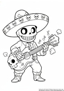 Poco Kolorowanka Brawl Stars przedstawiająca postać Poco z gitarą, gotowego do muzycznej bitwy w grze.